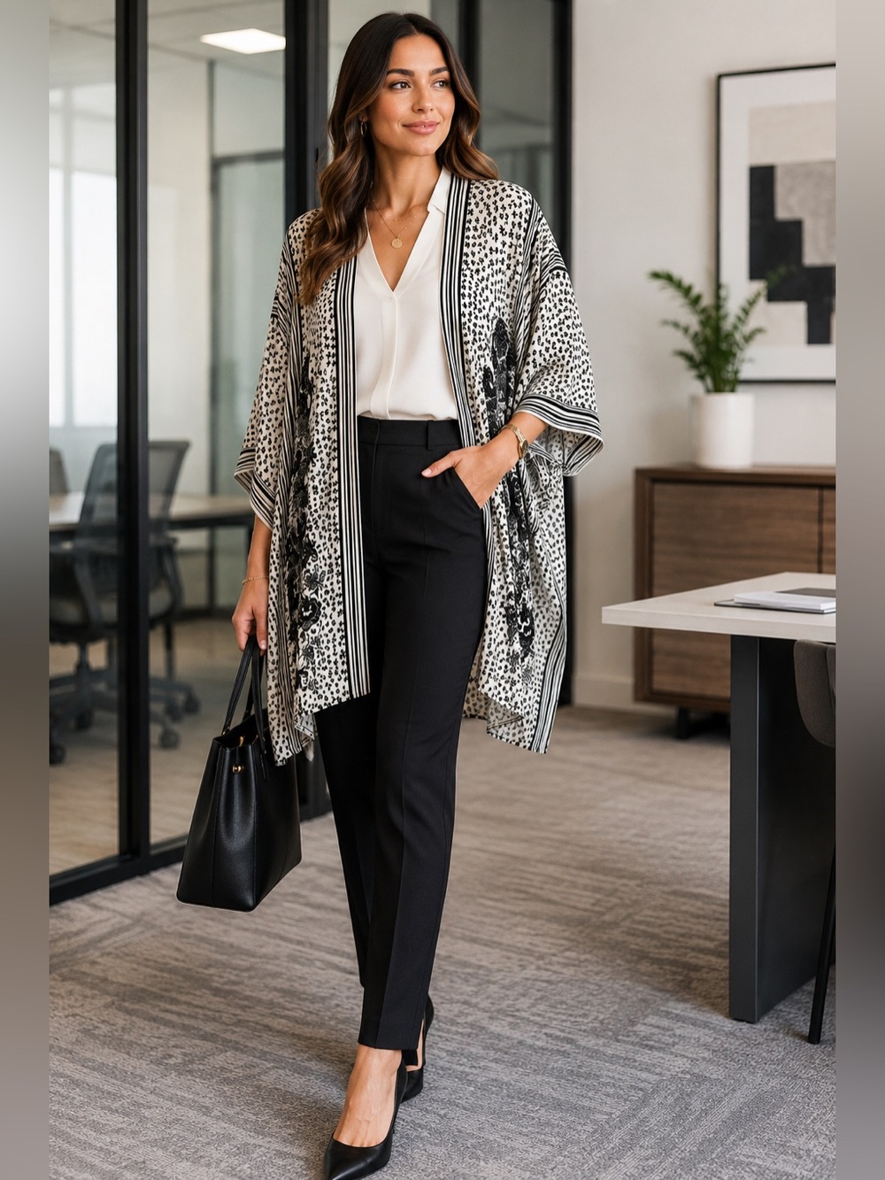 Max‎ Studio London Black & White Floral Kimono Cardigan XL NWT Boho Open Front